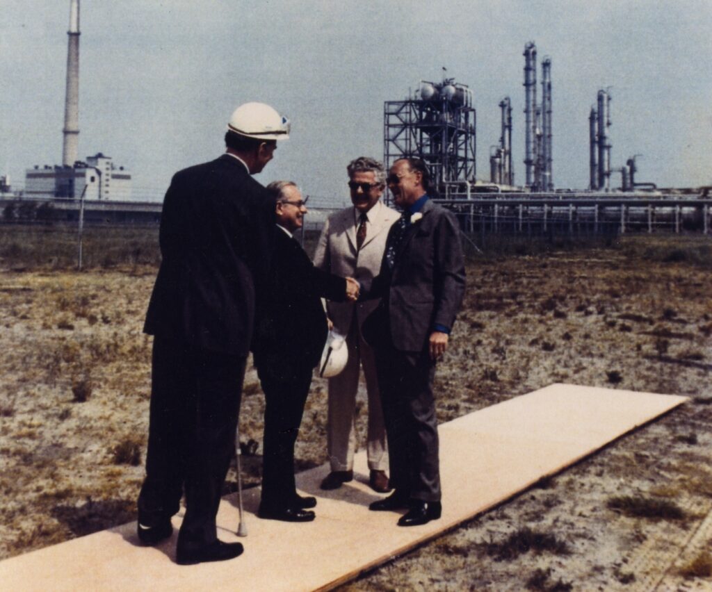 Prince Bernhard of the Netherlands (right) is welcomed in 1973 to the Rotterdam plant of Oxirane, a joint venture of Scientific Design Company and ARCO Chemical Company. Ralph Landau is second from left.