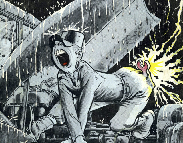 Cartoon of mechanic getting electricuted