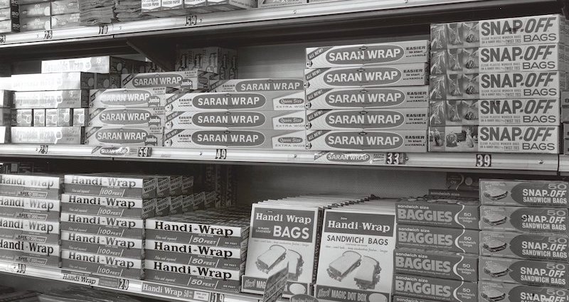 display of Saran Wrap on store shelves